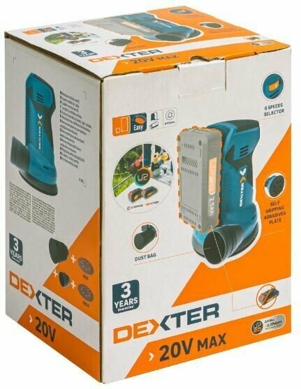 Эксцентриковая шлифмашина аккумуляторная Dexter 20VOS2-125.1, 125 мм, 20 В Li-ion, без АКБ и ЗУ - фотография № 6