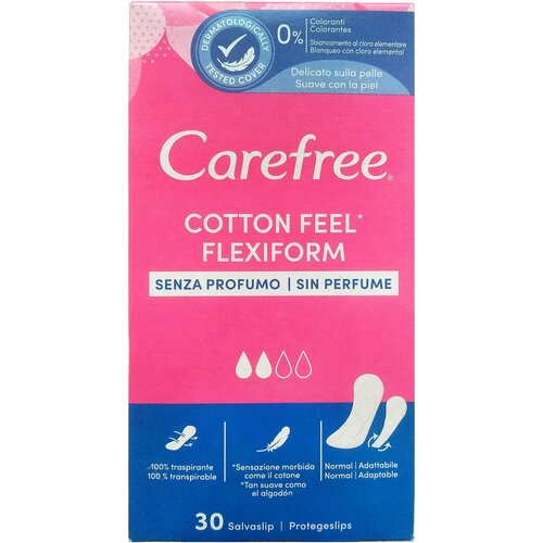 Carefree Ежедневные прокладки Cotton Feel Flexiform без запаха 2 капли, 30 шт в уп, 1 уп