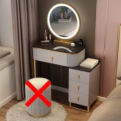 Небольшой туалетный столик с узкой тумбой и зеркалом с подсветкой (серый с черной столешницей 70 см + зеркало без пуфа)