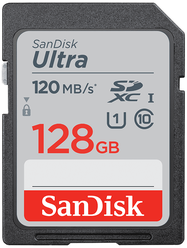 Карта памяти SanDisk Ultra SDXC Class 10 UHS-I 128 GB, чтение: 120 MB/s, запись: 10 MB/s