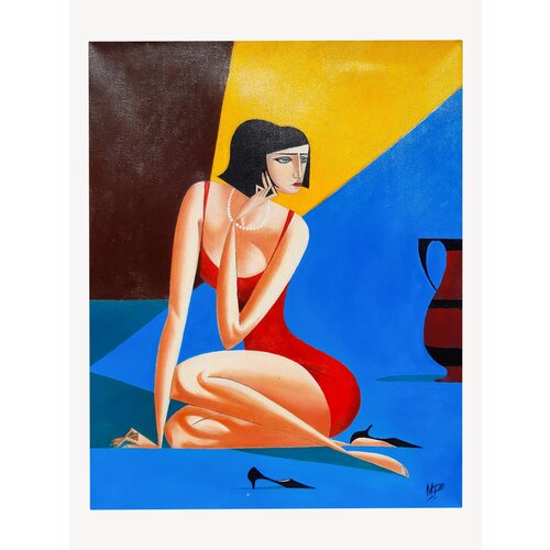 Картина “Женщина на диване. Итальянка” | серия ‘Женщины мира’; жанр: поп-арт, кубизм | 40*50 см, масло; 2023 г | современный художник Михаил Романов