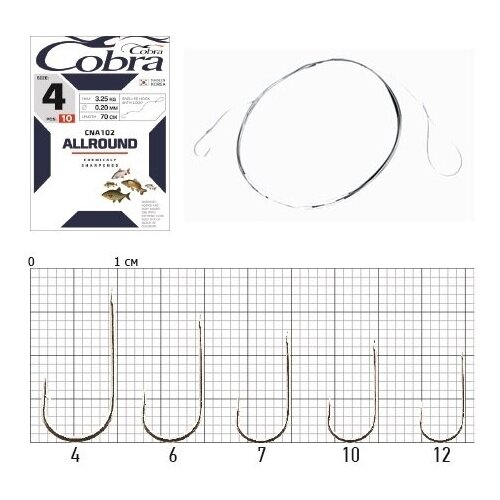 Крючки с поводком Cobra ALLROUND 70cm, 0,18mm, разм.6, 10шт.