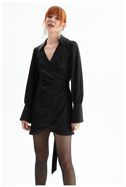 Платье с запахом TOPTOP, атлас, повседневное, классическое, прилегающее, мини, размер S, черный