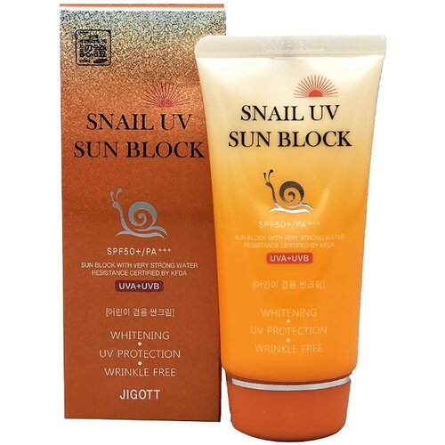 Jigott Крем солнцезащитный для лица с муцином улитки SPF50+ PA+++ Snail UV Sun Block Cream, туба 70 мл в футляре