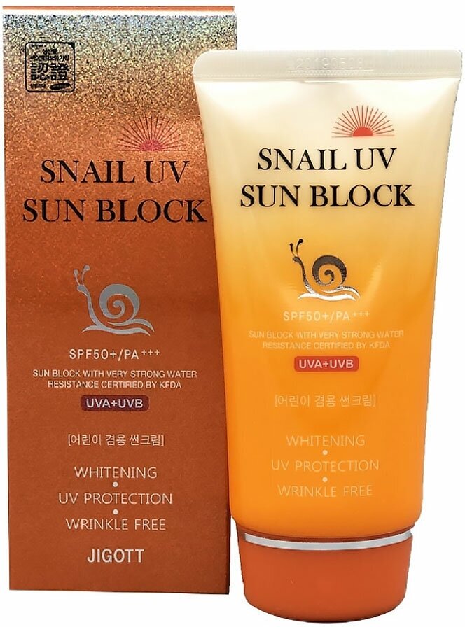 Jigott Крем солнцезащитный для лица с муцином улитки SPF50+ PA+++ Snail UV Sun Block Cream, туба 70 мл в футляре