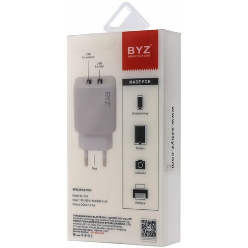 Сетевое ЗУ BYZ ZL-703, 2хUSB-А, 2.1А + кабель (AM-Type-C), 1 м, белый