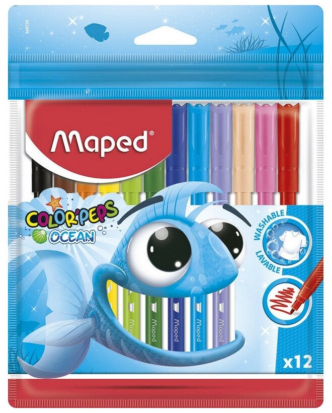 Фломастеры Maped COLOR'PEPS OCEAN, супер-смываемые,12цв/наб,845720