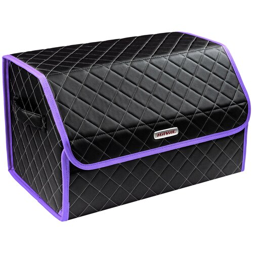 фото Сумка-органайзер в багажник автомобиля из экокожи черная с серой нитью vicecar (фиолетовый кант) с логотипом haval