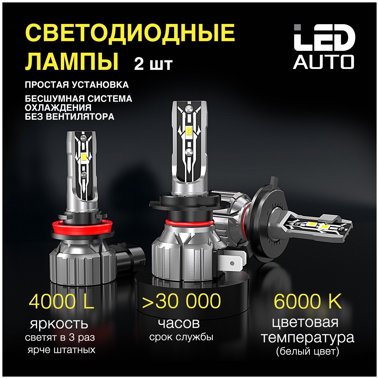 Cветодиодные лампы E2 цоколь HB3, 6000K, Светодиодная LED лампа в фару автомобиля / комплект (2шт)