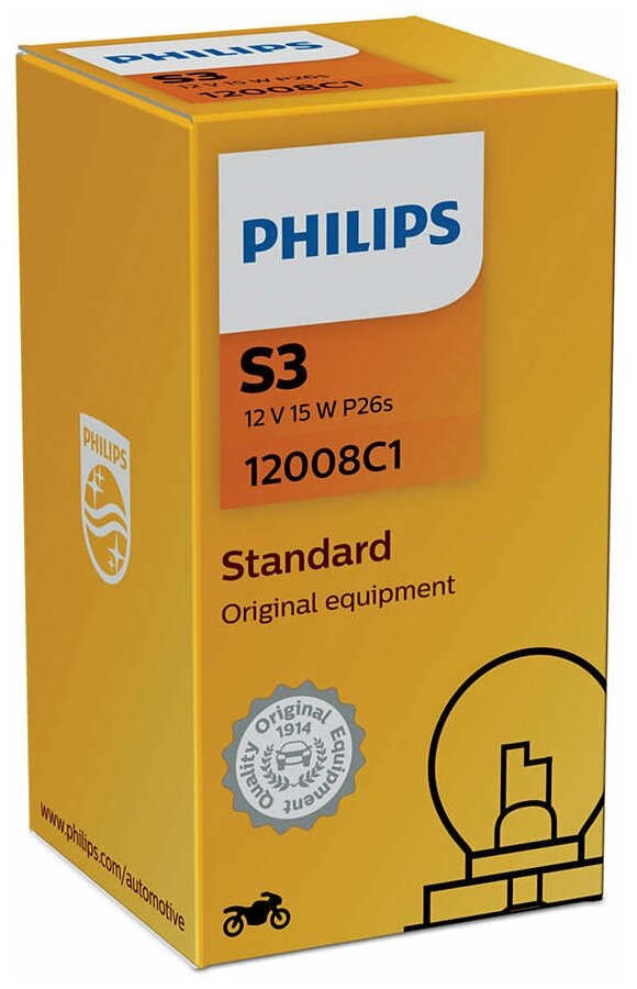 Лампа PHILIPS S3 12V-15W (P26s) Moto Standard 1 шт.