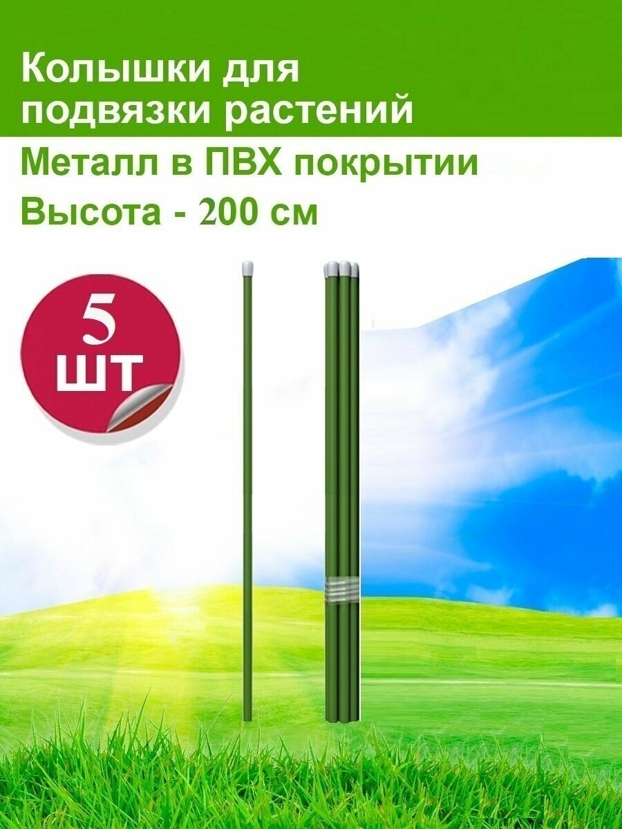 Опора для растений - колышки садовые высотой 2 метра, диаметр 10 мм, металл в ПВХ оболочке, набор 5 штук, поддержка стеблей растений и цветов