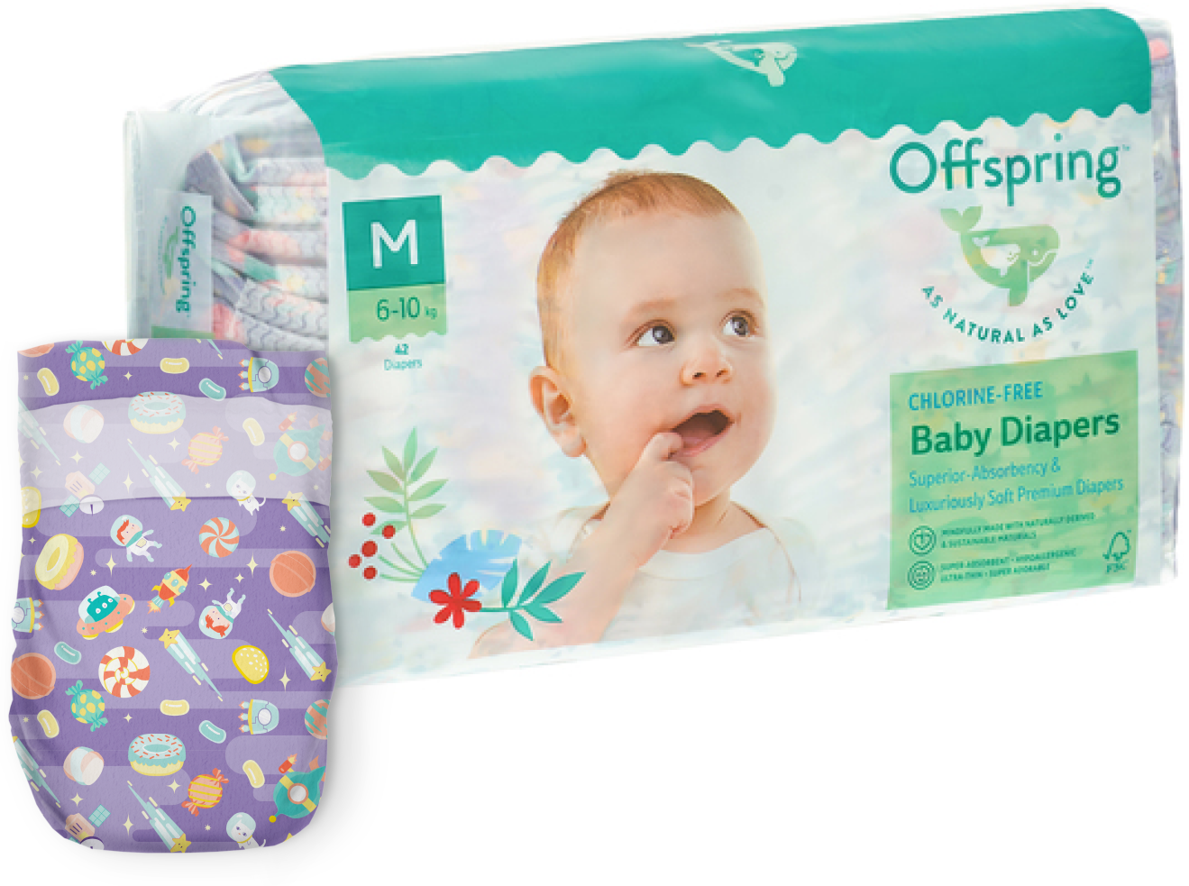 Offspring подгузники, M 6-10 кг. 42 шт. расцветка Космос