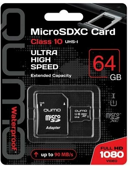 Карта памяти QUMO 64Gb MicroSDXC и адаптер (QM64GMICSDXC10U1) Class 10 UHS-I SD adapter