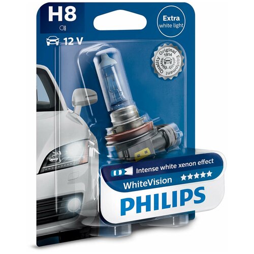 Лампа автомобильная PHILIPS WhiteVision H8 35W PGJ19-1 3700K (бл.) 12V, 1шт, 12360WHVB1