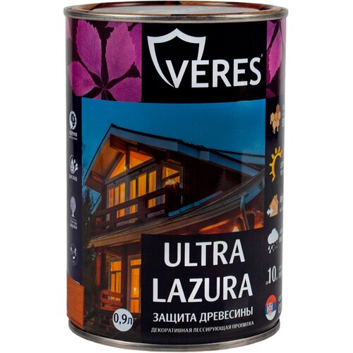 Декоративная пропитка для дерева Veres Ultra Lazura №19, глянцевая, 0,9 л, дуб декоративная пропитка для дерева veres gold lazura 2 глянцевая 10 л сосна