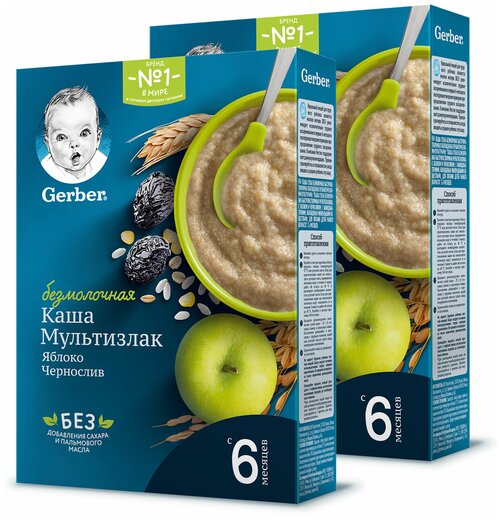 Каша Gerber безмолочная мультизлаковая с яблоком и черносливом, с 6 месяцев, 180 г, 2 уп.