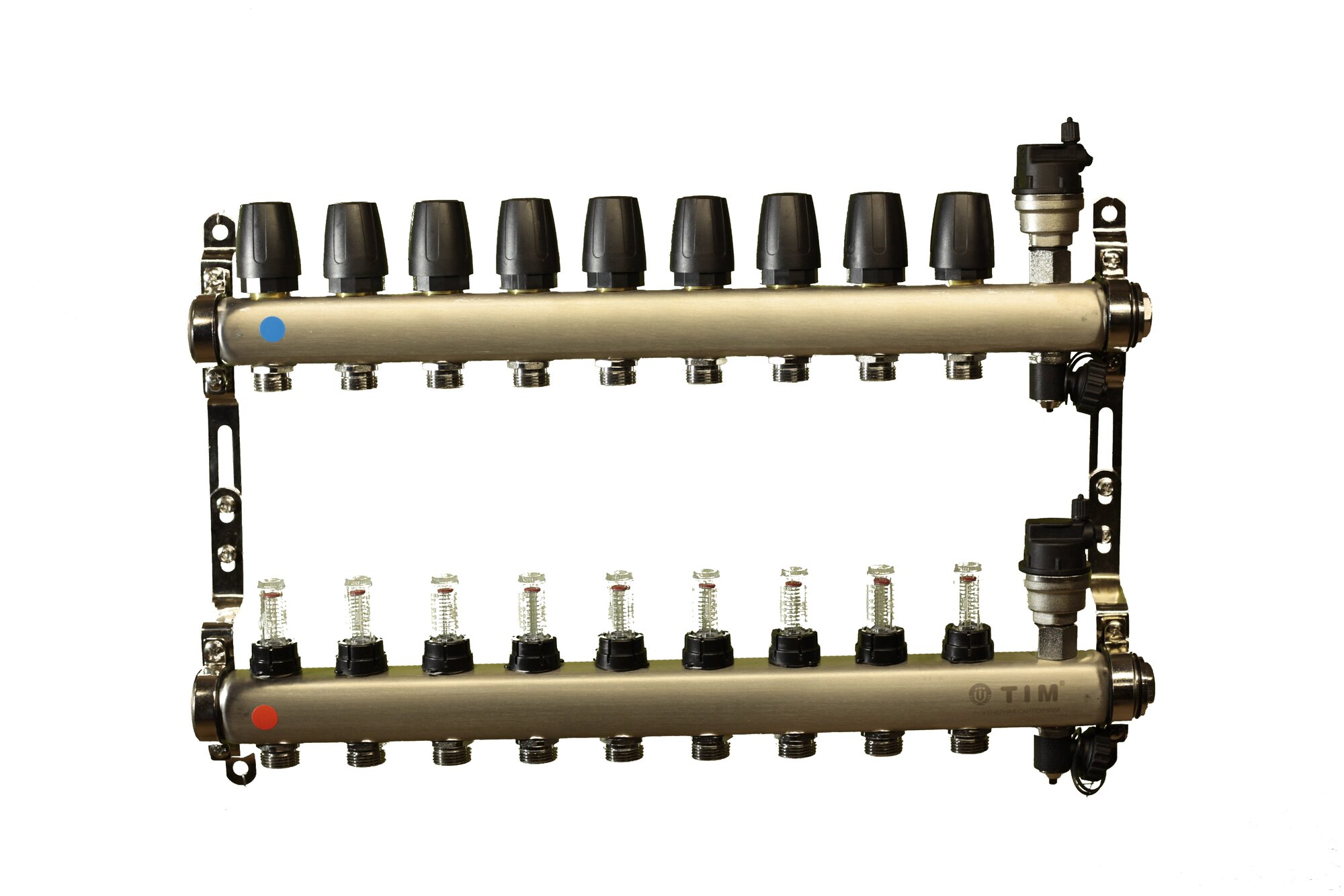 Коллекторная группа Tim (KCS5009) 1" ВР-ВР, 9 отводов 3/4", расходомер, воздухоотводчик, сливной кран