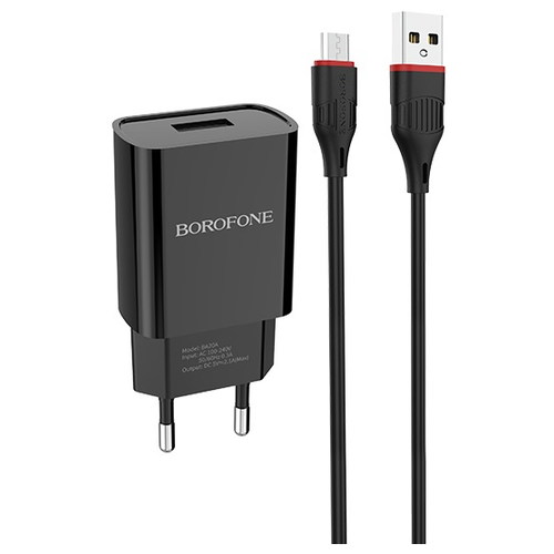 Сетевое зарядное устройство Borofone BA20A Sharp + кабель MicroUSB, 10 Вт, EU, черный сетевое з у borofone ba20a 1usb 2 1a с кабелем microusb черный