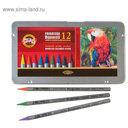фото Koh-i-noor карандаши акварельные набор 12 цветов, цельнографитовые koh-i-noor progresso aquarell, в металлическом пенале