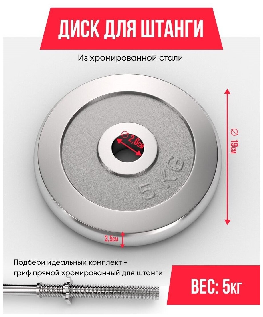 Диск хромированный UNIX Fit для штанги и гантелей 5 кг. / d - 26 мм. / Блины для штанги / Диск для грифа UNIXFIT