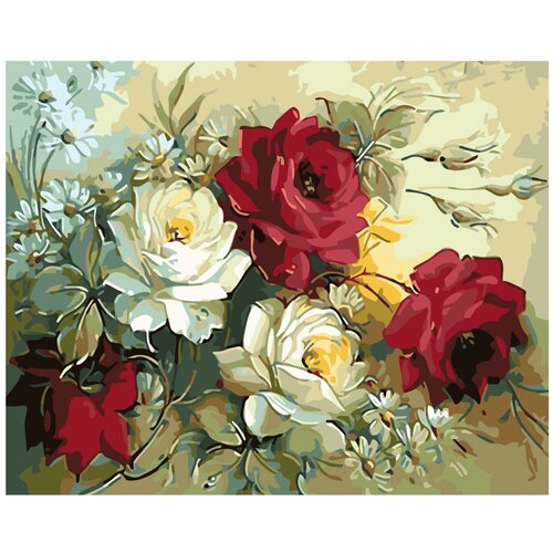 Ромашки и пышные розы Раскраска картина по номерам на холсте