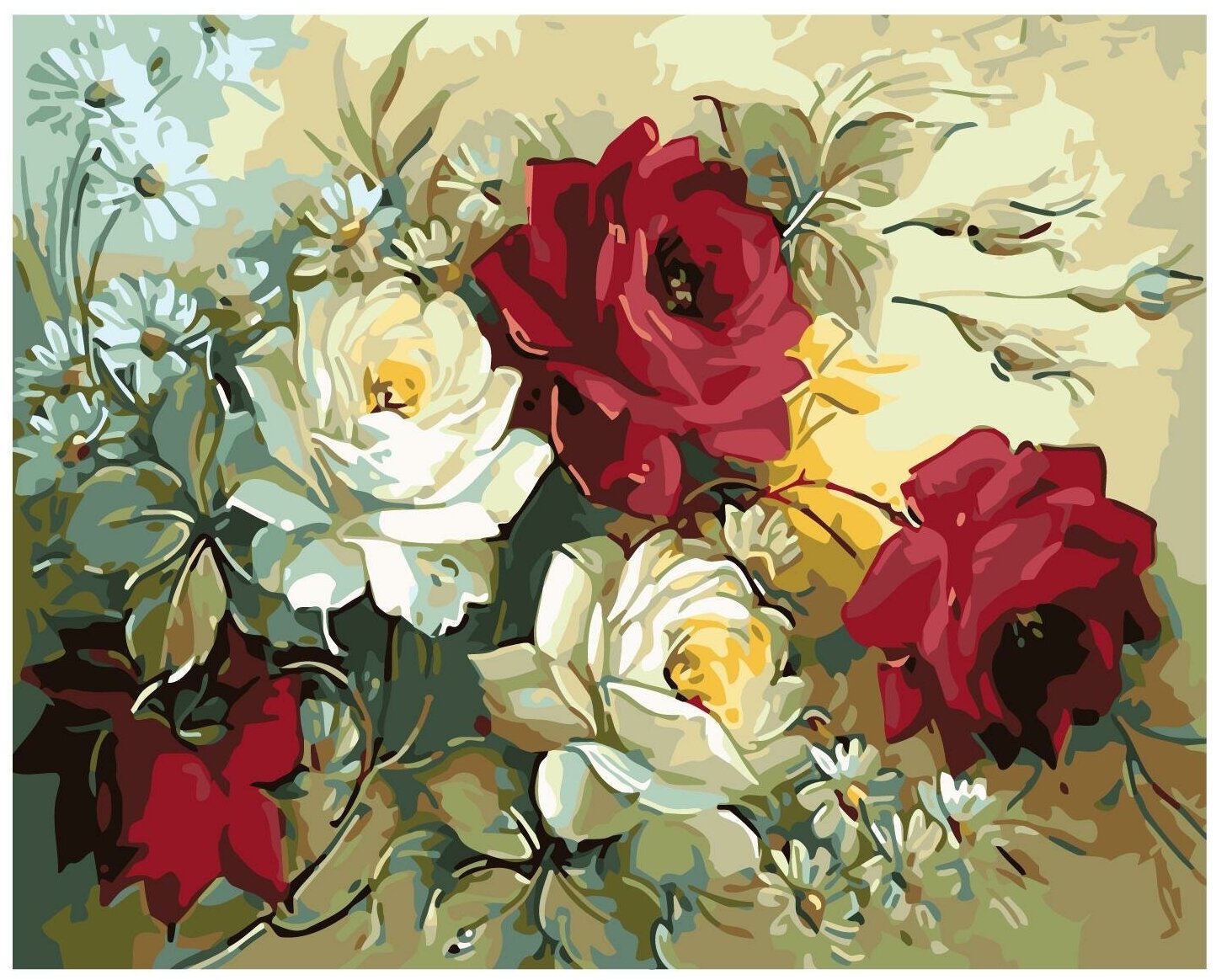 Ромашки и пышные розы Раскраска картина по номерам на холсте