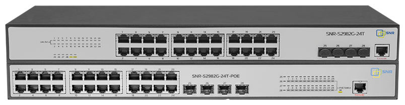 Управляемый гигабитный POE коммутатор SNR SNR-S2982G-24T-POE-E уровня 2, 24 порта 10/100/1000Base-T с поддержкой PoE, 4 порта 100/1000BASE-X (SFP), бюджет POE 370W