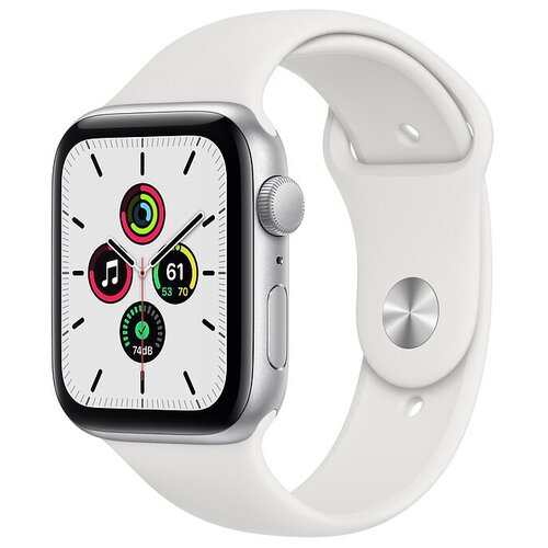 фото Умные часы apple watch se gps 44мм aluminum case with sport band, серебристый/белый