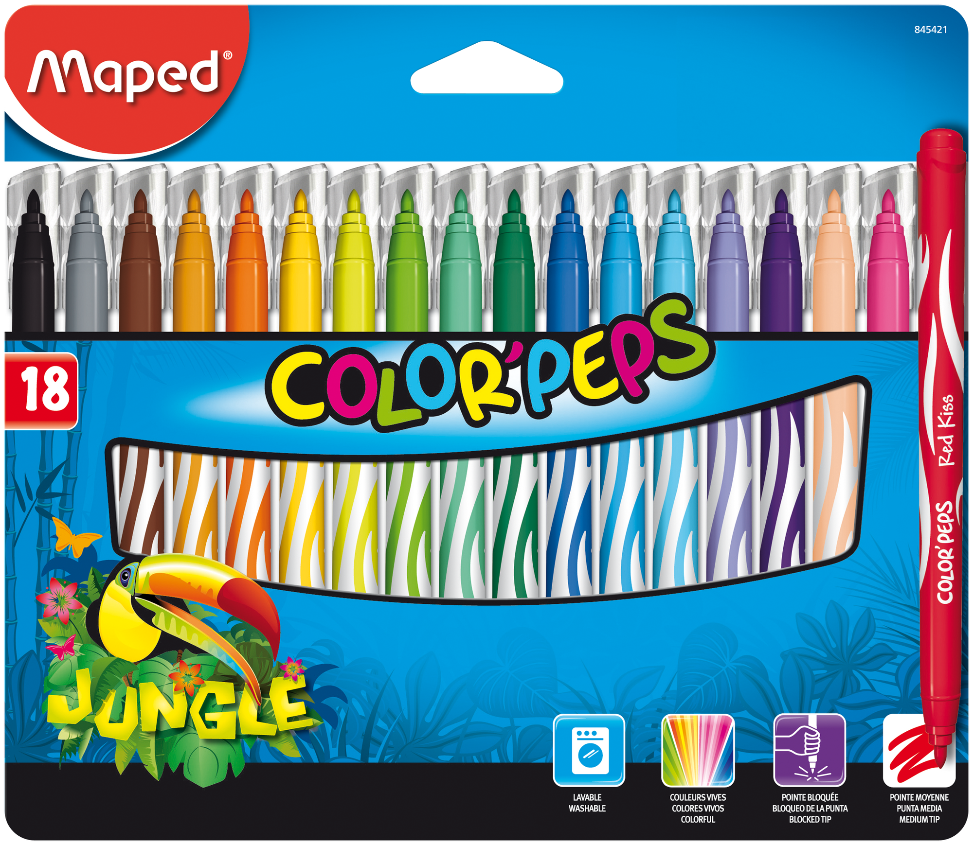 фломастеры Maped Jungle, смываемые, в картонном футляре, 18 цветов - фото №1