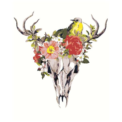 череп оленя с розами раскраска картина по номерам на холсте Череп Раскраска картина по номерам на холсте
