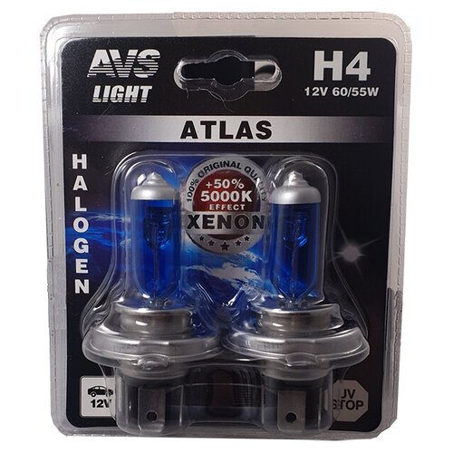 Лампа автомобильная галогенная H4 AVS Atlas 5000К /белый свет/ эффект ксенона
