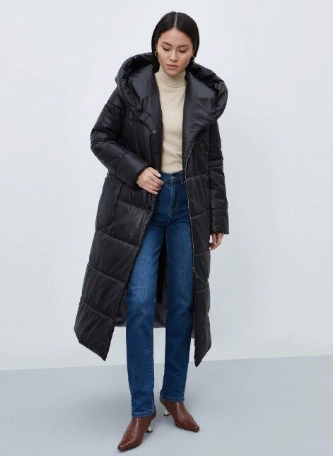 куртка  Electrastyle, демисезон/зима, удлиненная, силуэт прямой, капюшон, карманы, пояс/ремень, размер 46, черный