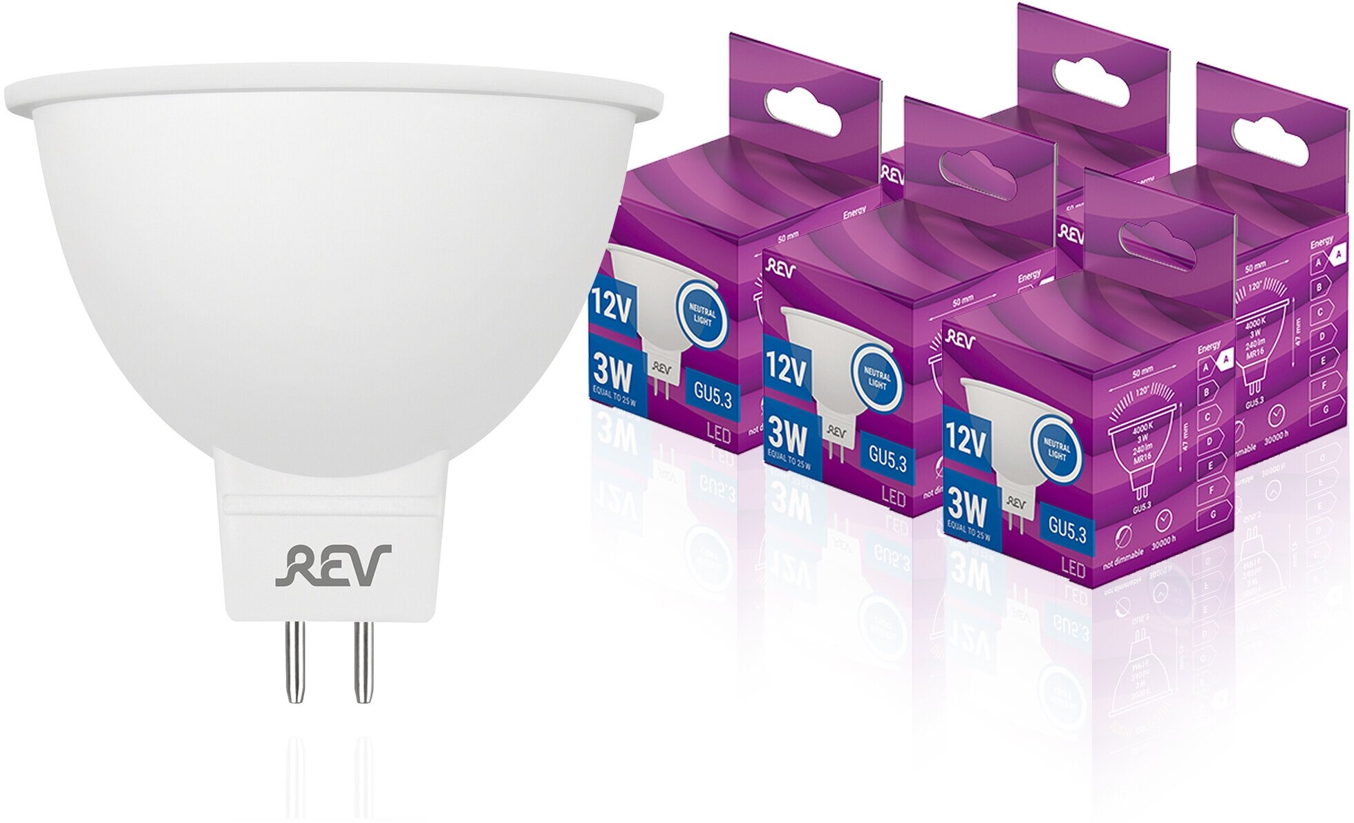 Упаковка светодиодных ламп 5 шт REV 32370 9, 4000K, GU5.3, MR16, 3 Вт, 12V