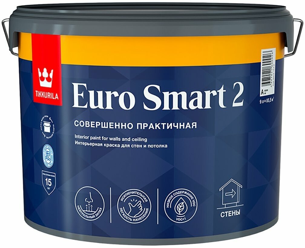 Краска моющаяся для стен и потолков Euro Smart-2 (Евро-2) TIKKURILA 9л белый (база А)