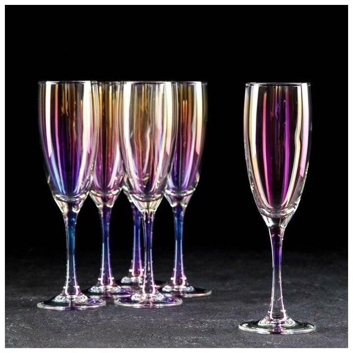 GiDGLASS Набор бокалов для шампанского «Радуга», 170 мл, 6 шт, цвет перламутровый