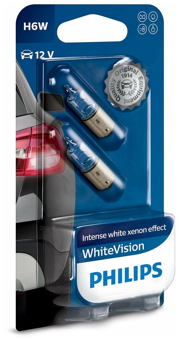 Philips H6W 12V-6W (BAX9s) (абсолютно белый свет) White Vision 2шт - фото №1