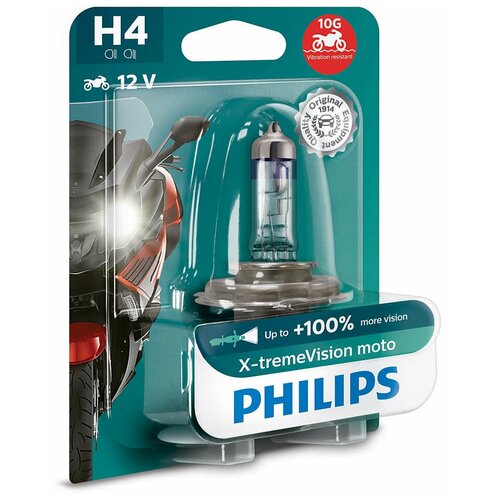 Лампа мотоциклетная PHILIPS X-tremeVision Moto H4 60/55W P43t-38+130% 12V, бл. 1шт