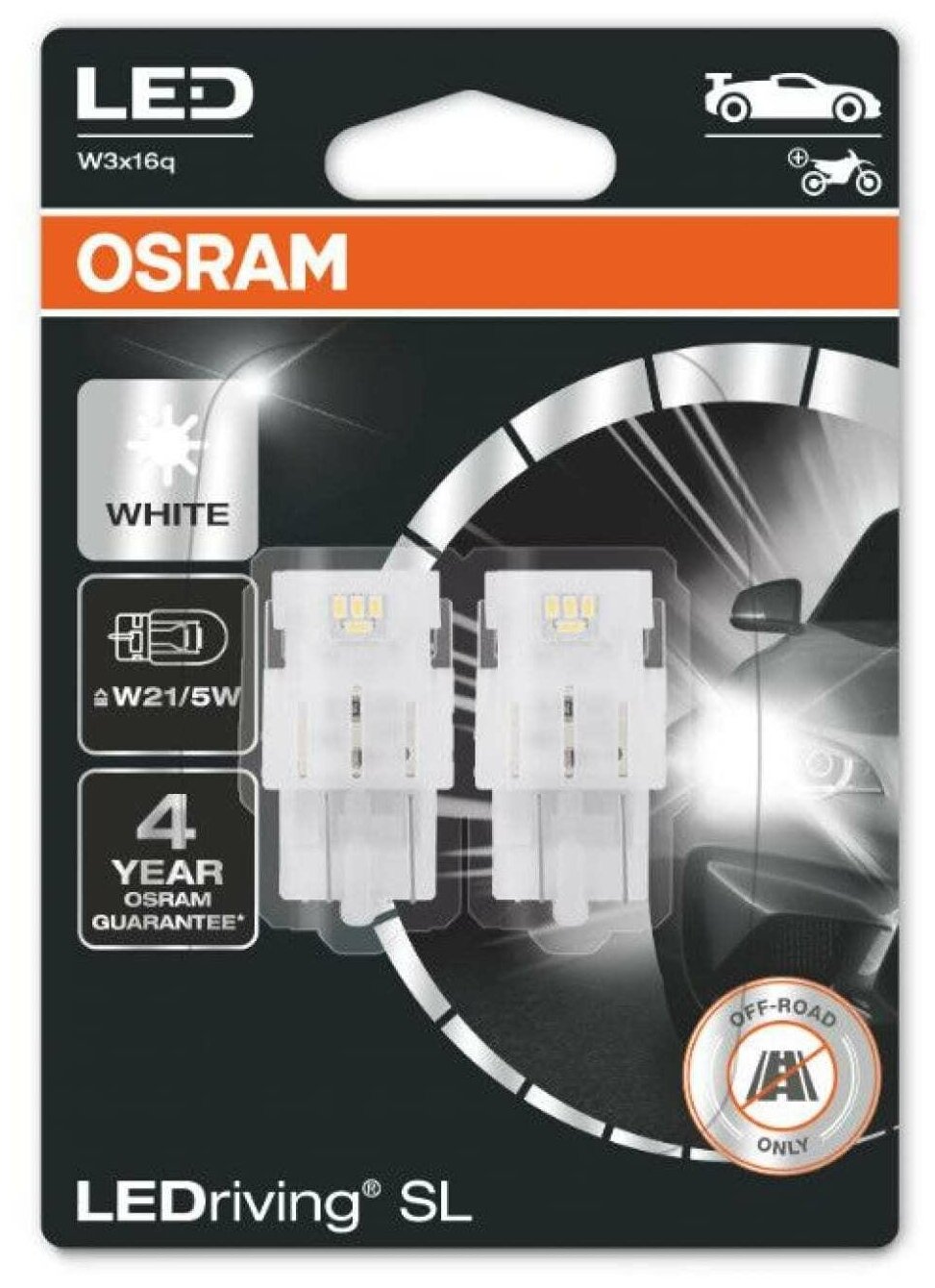 Лампа светодиодная OSRAM W21W/5W, W3x16q, LED, 2 шт, 6000 К, 12 В 7515DWP-02B