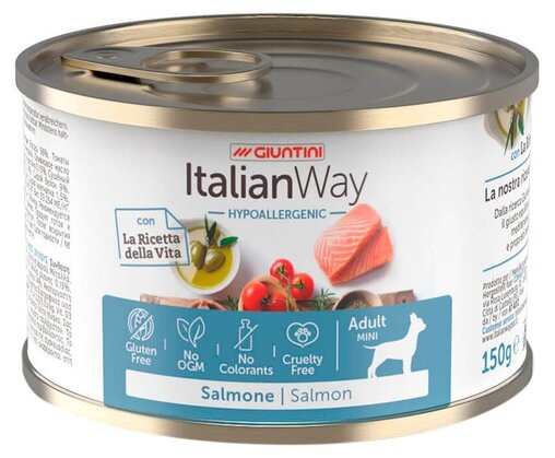 ITALIAN WAY DOG ADULT HYPOALLERGENIC безглютеновые гипоаллергенные для взрослых собак всех пород с чувствительной кожей с лососем, томатами и рисом (150 гр)