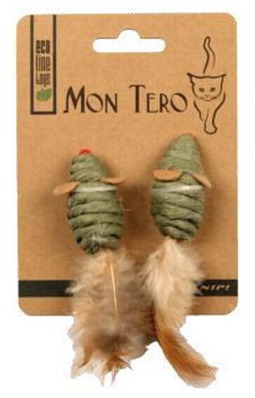 Игрушка для кошек Мон Теро ЭКО мышь с перьями с кошачьей мятой, зелёная 2 шт 5 см