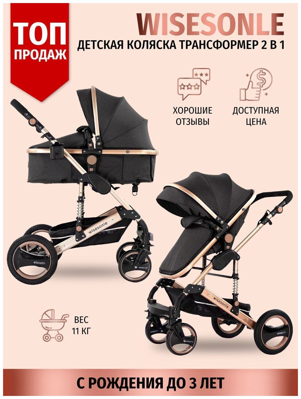 Детская коляска Wisesonle трансформер 2 в 1, люлька для новорожденных и прогулочная до 3-х лет 2023 "Чёрный лён"