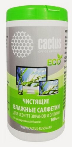 Изображение товара Влажные салфетки Cactus CS-1001PE для экранов и оптики туба 100 шт
