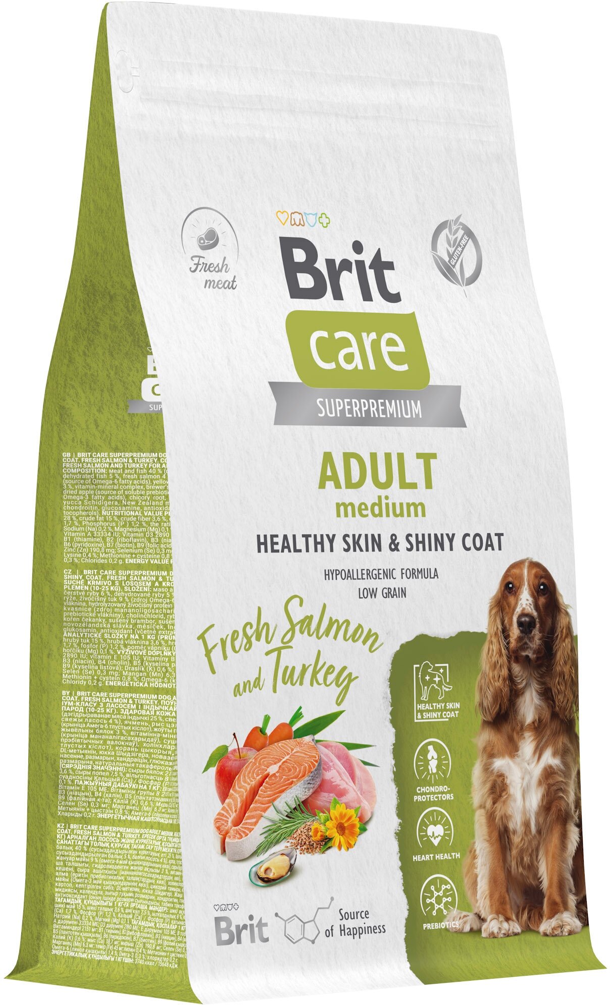 Сухой корм для собак средних пород Brit Care Dog Adult M Healthy Skin&Shiny Coat  здоровая кожа и шерсть с лососем и индейкой