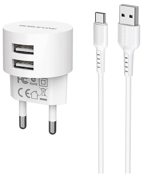 Сетевой адаптер питания Borofone BA23A Brilliant Dual White зарядка 2.4А 2 USB-порта + кабель USB-C, белый