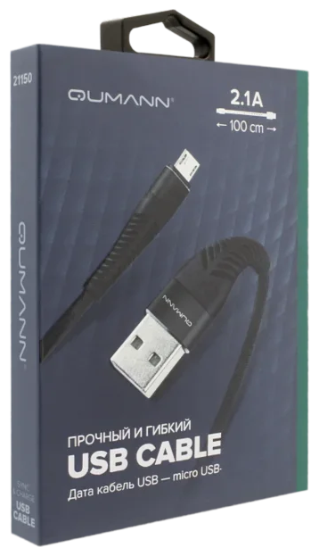 Кабель Qumann micro USB 1м 2.1А ткан.оплётка гибкий коннектор черный