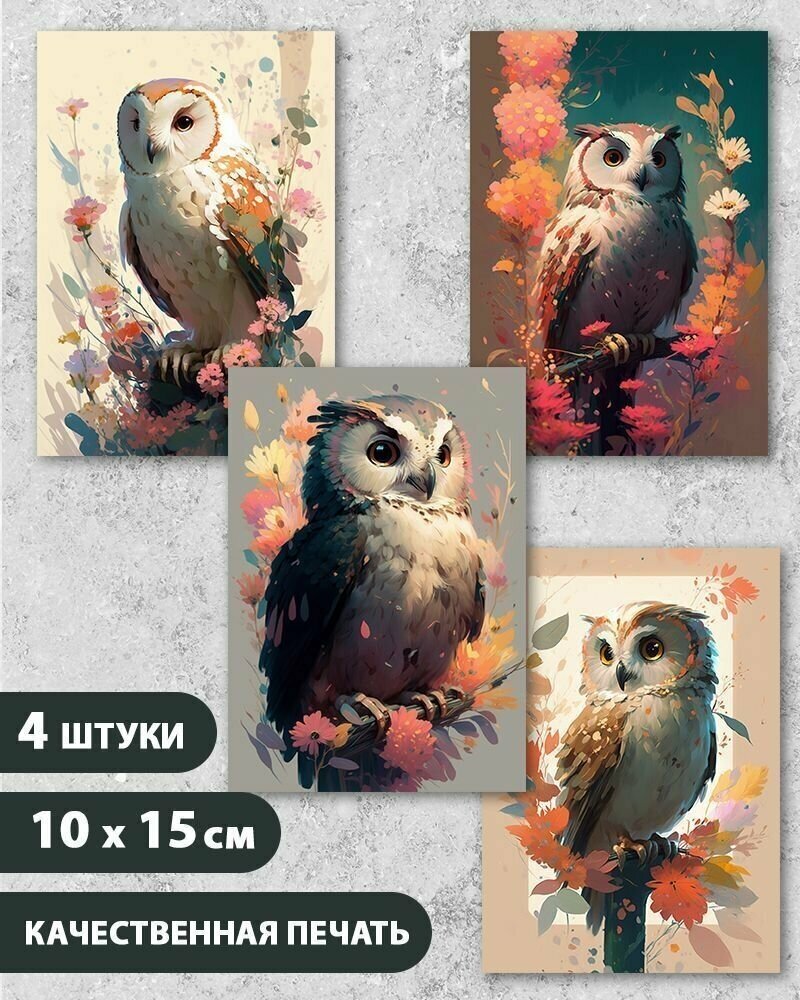 Набор открыток "Птицы Сова", 10.5 см х 15 см, 4 шт, InspirationTime, на подарок и в коллекцию