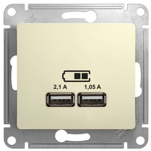 Розетка USB 2-м СП Glossa A+A 5В/2.1А 2х5В/1.05А механизм беж. | код GSL000233 | Schneider Electric (2шт. в упак.) розетка usb atlasdesign тип a a 5в 1х2 1а 2х1 05а механизм грифель код atn000733 schneider electric 2шт в упак