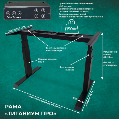 Изображение товара StolStoya Подстолье для стола с регулируемой высотой (два мотора) TITANIUM PRO черное PE232B