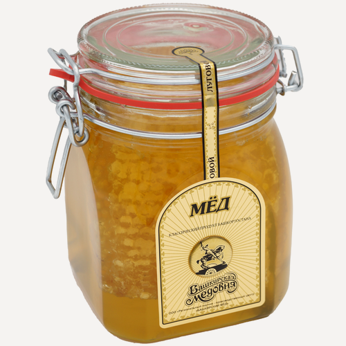 Изображение товара Мёд натуральный Башкирский цветочный с сотой "Башкирская медовня" 1100 гр стекло