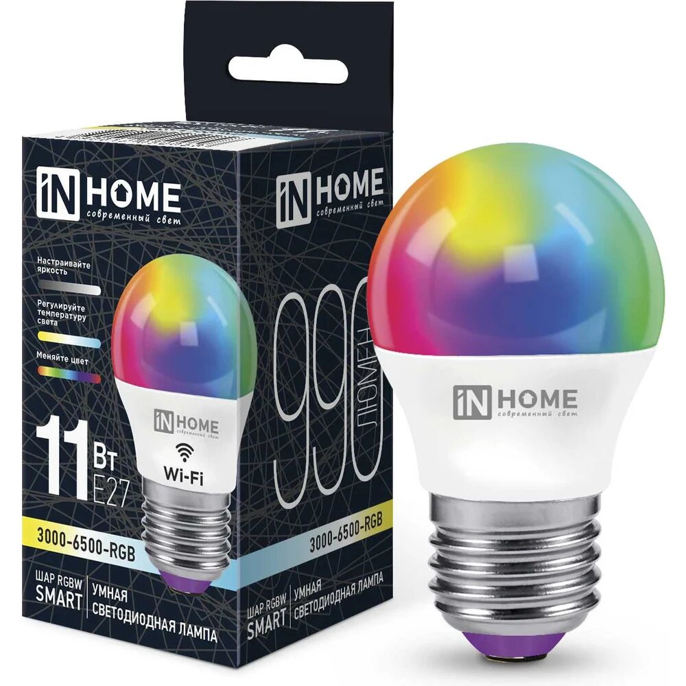 IN HOME Лампа светодиодная LED-ШАР-RGBW-SMART 11Вт 230В димм. Е27 3000-6500К 990Лм 4690612050058